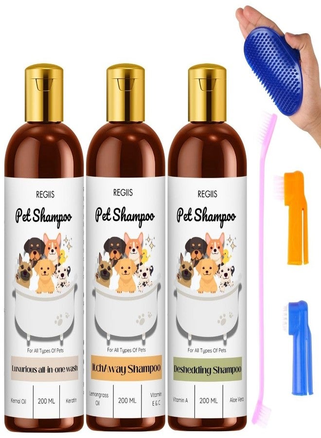 مجموعة شامبو الحيوانات الأليفة من ريجيس، مجموعة متكاملة للعناية بالكلاب مع إزالة الشعر الزائد، وتخفيف الحكة، وغسول فاخر، زجاجات سعة 200 مل، عبوة من 3 زجاجات مع فرشاة للعناية (عبوة من 5 زجاجات)